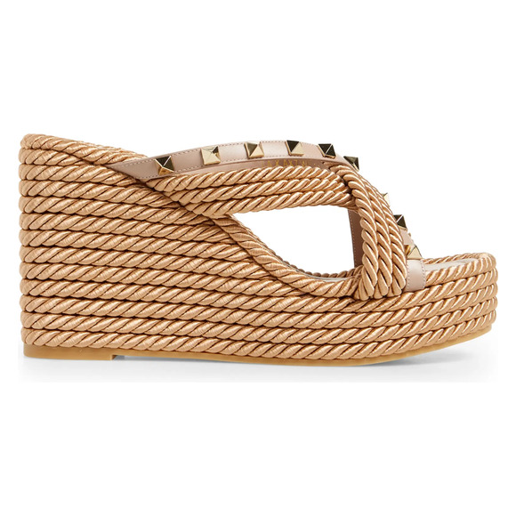 Valentino Rockstud Torchon Poudre Nude Cord Rope Wedge Backless Slide Sandal 41 - Picture 1 of 12
